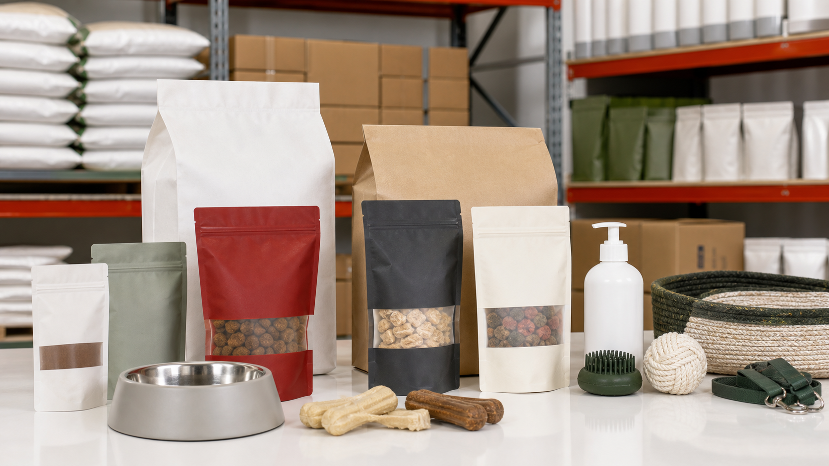 Pet food, treats, grooming, and pet accessories arranged for buyer review